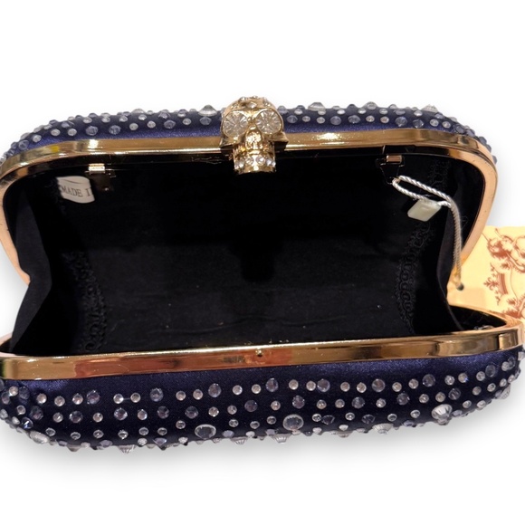 Handbag Republic Navy Crystal Skull Clutch – Rhinestone Studded Evening Bag - Picture 7 of 8